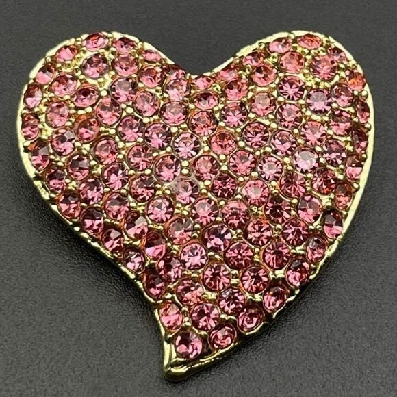 Yellow Gold with Pink Sapphire Crystal Heart Shaped Pin Back Brooch - Picture 1 of 8